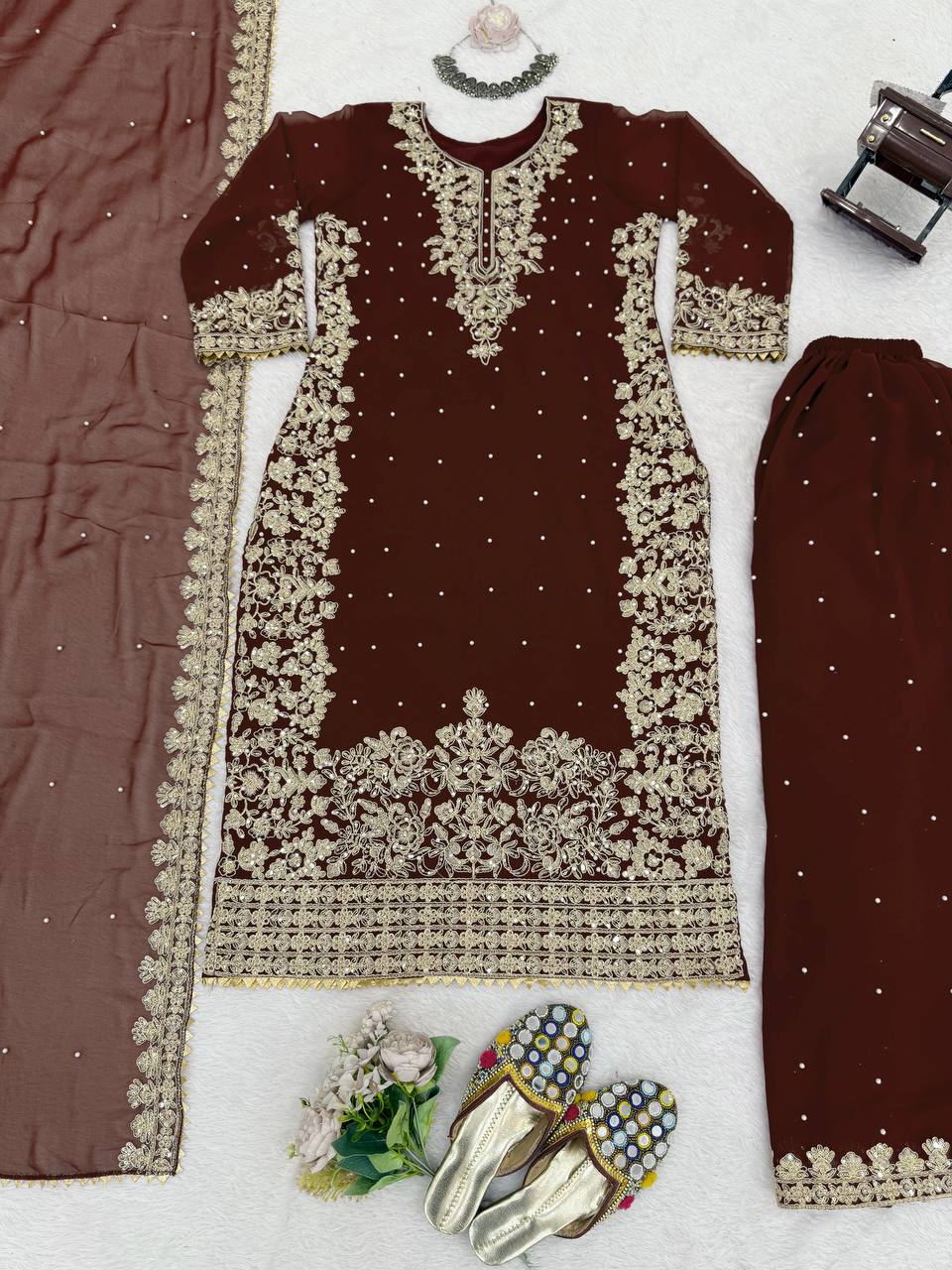 Brown Premium Faux Georgette Top-Plazo Set with Dupatta – Coding, Sequin & Rivet Moti Work