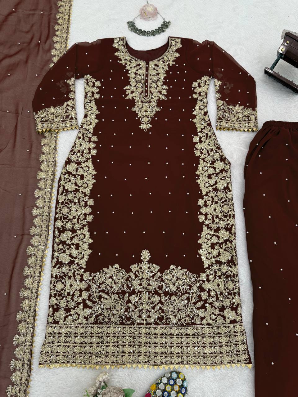 Brown Premium Faux Georgette Top-Plazo Set with Dupatta – Coding, Sequin & Rivet Moti Work