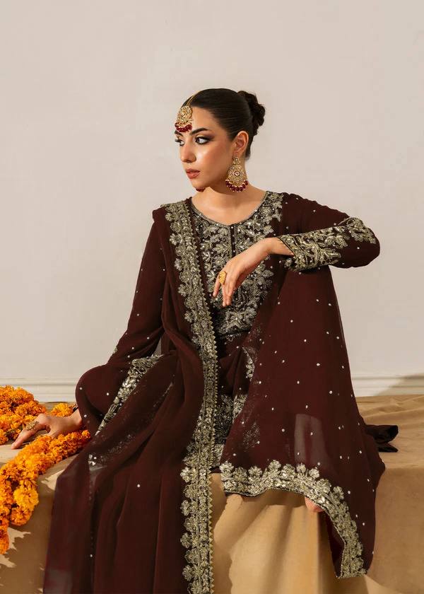 Brown Premium Faux Georgette Top-Plazo Set with Dupatta – Coding, Sequin & Rivet Moti Work