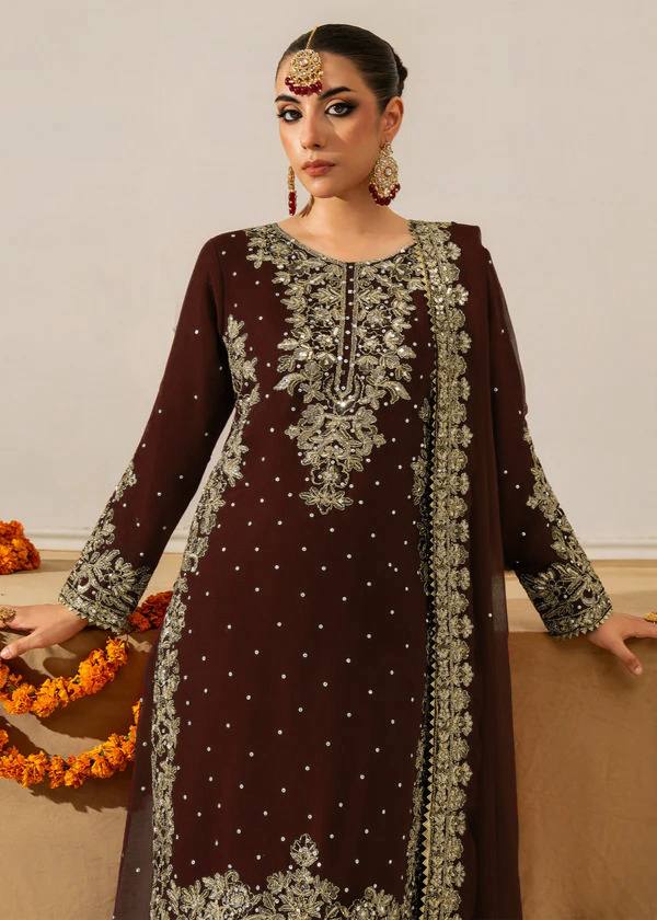 Brown Premium Faux Georgette Top-Plazo Set with Dupatta – Coding, Sequin & Rivet Moti Work
