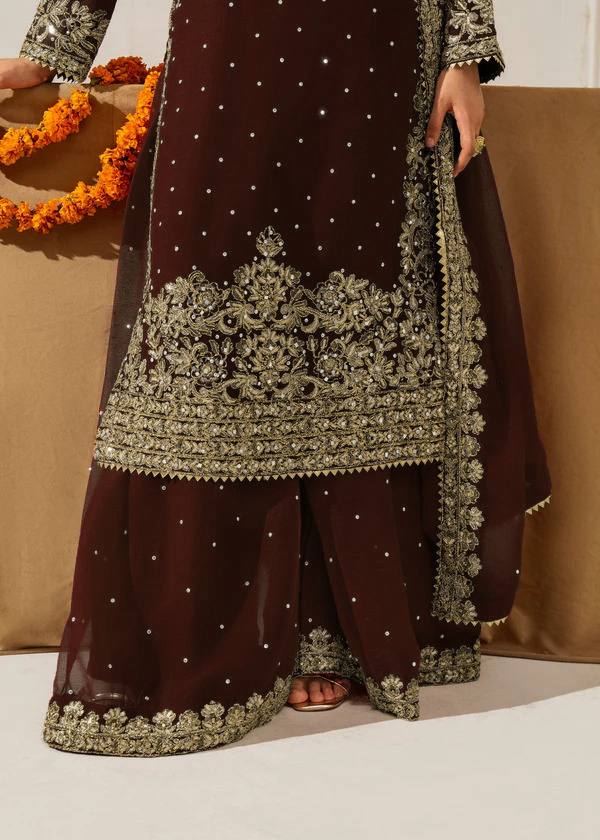 Brown Premium Faux Georgette Top-Plazo Set with Dupatta – Coding, Sequin & Rivet Moti Work