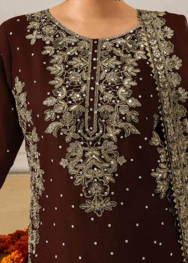 Brown Premium Faux Georgette Top-Plazo Set with Dupatta – Coding, Sequin & Rivet Moti Work