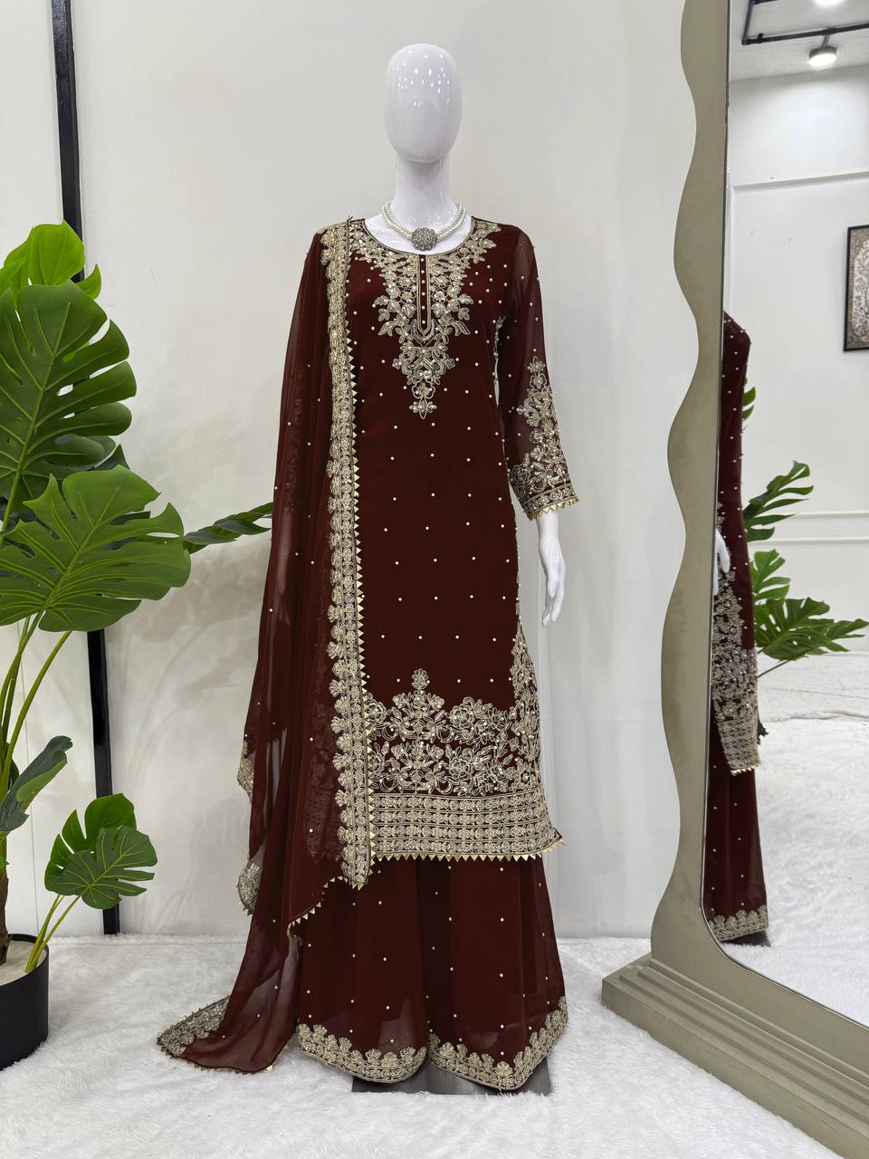 Brown Premium Faux Georgette Top-Plazo Set with Dupatta – Coding, Sequin & Rivet Moti Work