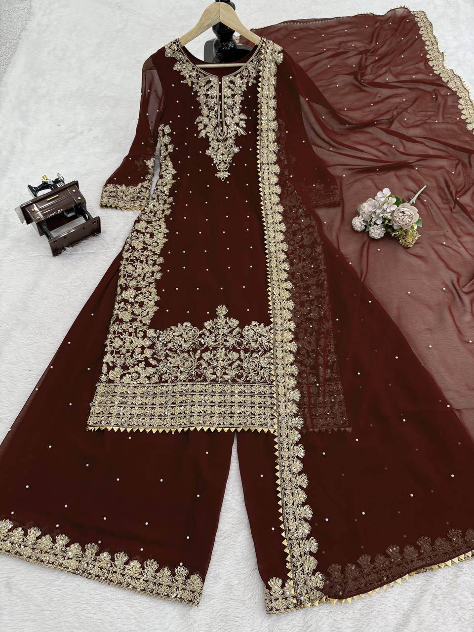 Brown Premium Faux Georgette Top-Plazo Set with Dupatta – Coding, Sequin & Rivet Moti Work