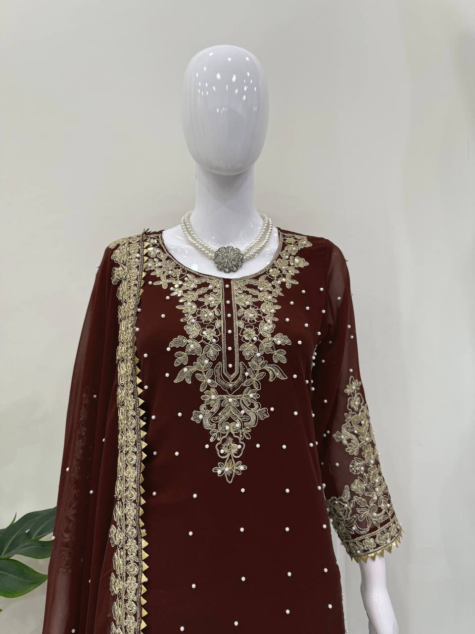 Brown Premium Faux Georgette Top-Plazo Set with Dupatta – Coding, Sequin & Rivet Moti Work