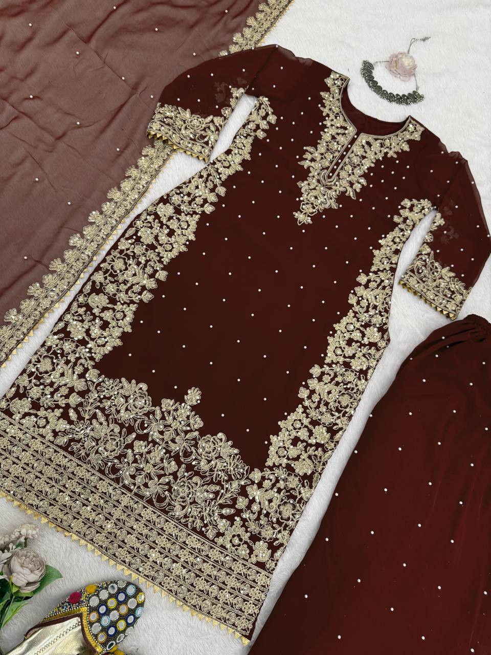 Brown Premium Faux Georgette Top-Plazo Set with Dupatta – Coding, Sequin & Rivet Moti Work