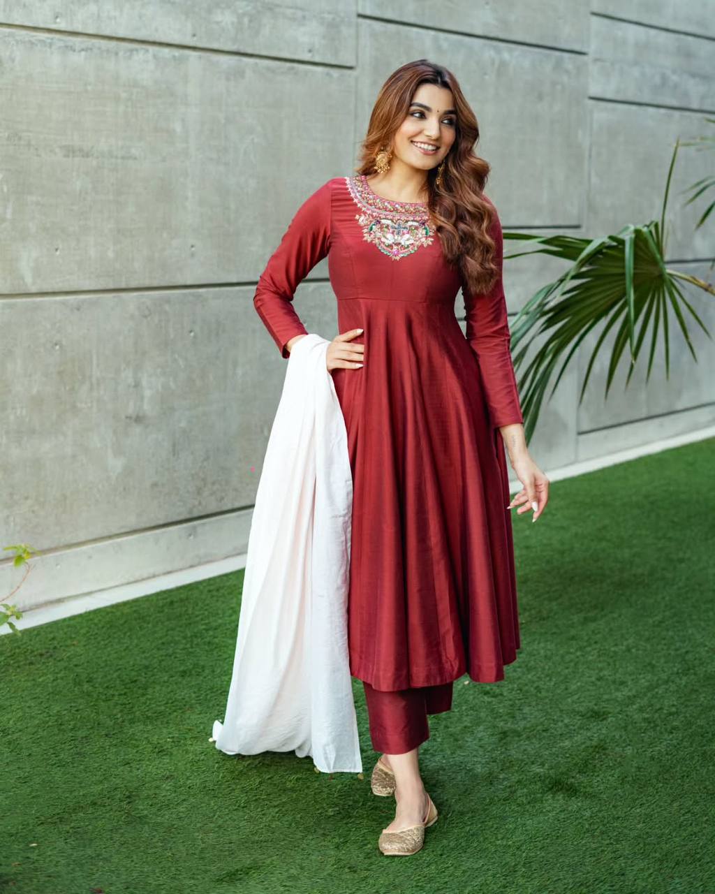 Brown Premium Kesariya Silk Anarkali Suit with Sequins & Thread Embroidery