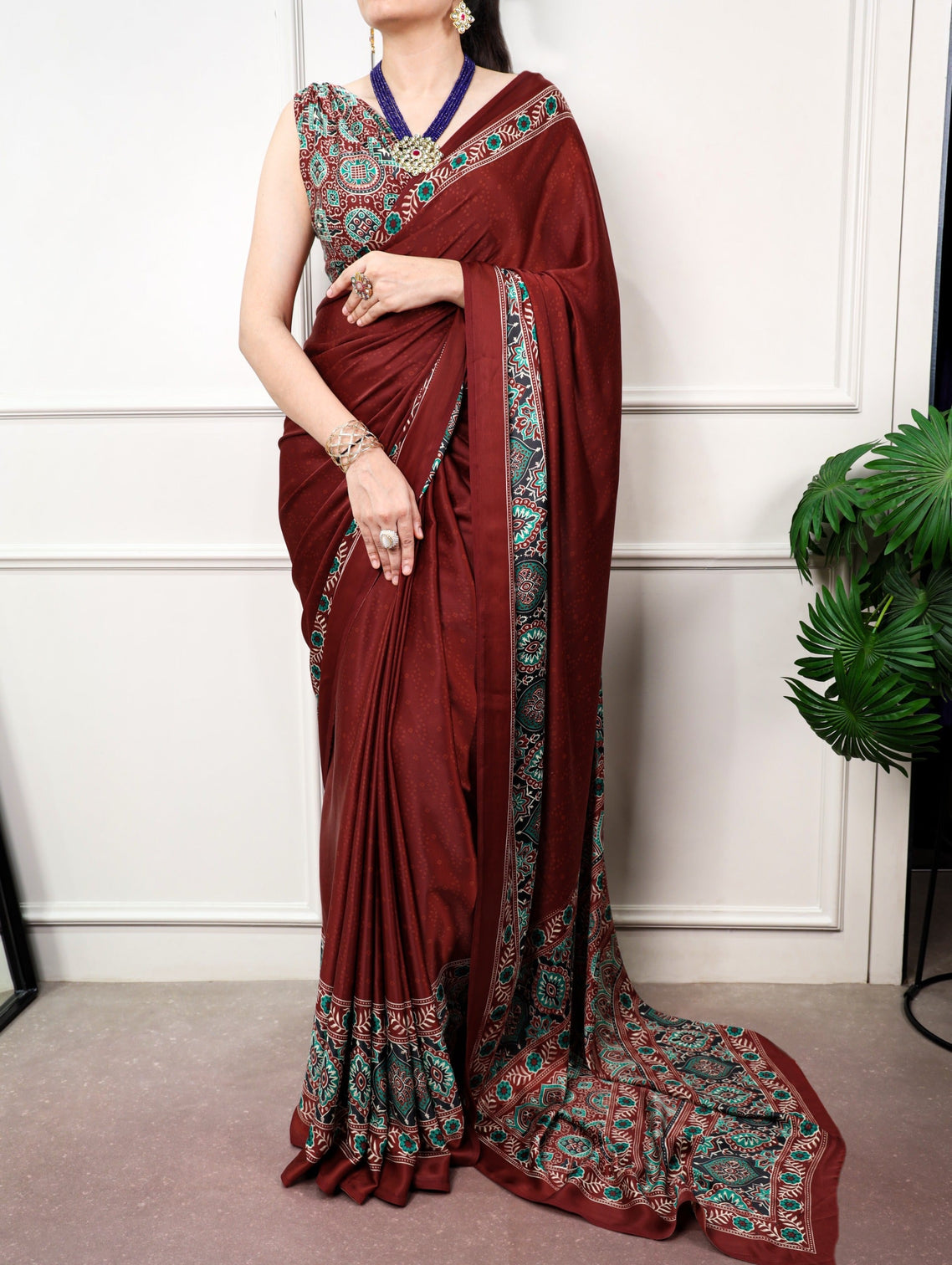 Brown Print Satin Silk Saree