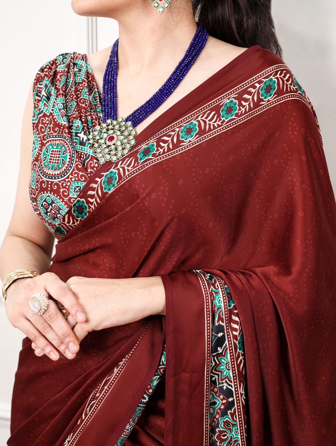 Brown Print Satin Silk Saree
