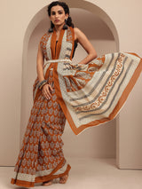 Libas Brown Printed Cotton Saree With Unstitched Blouse Piece
