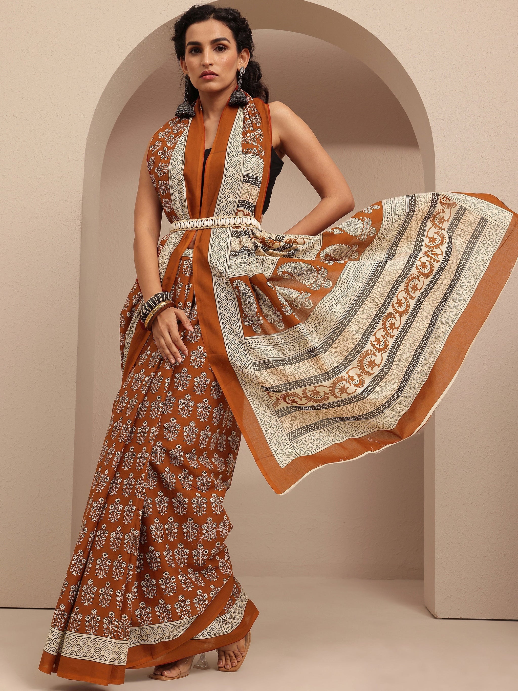 Libas Brown Printed Cotton Saree With Unstitched Blouse Piece