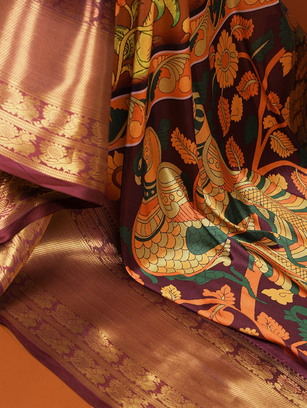 Brown Printed Dola Silk Saree Set for Weddings & Special Occasions