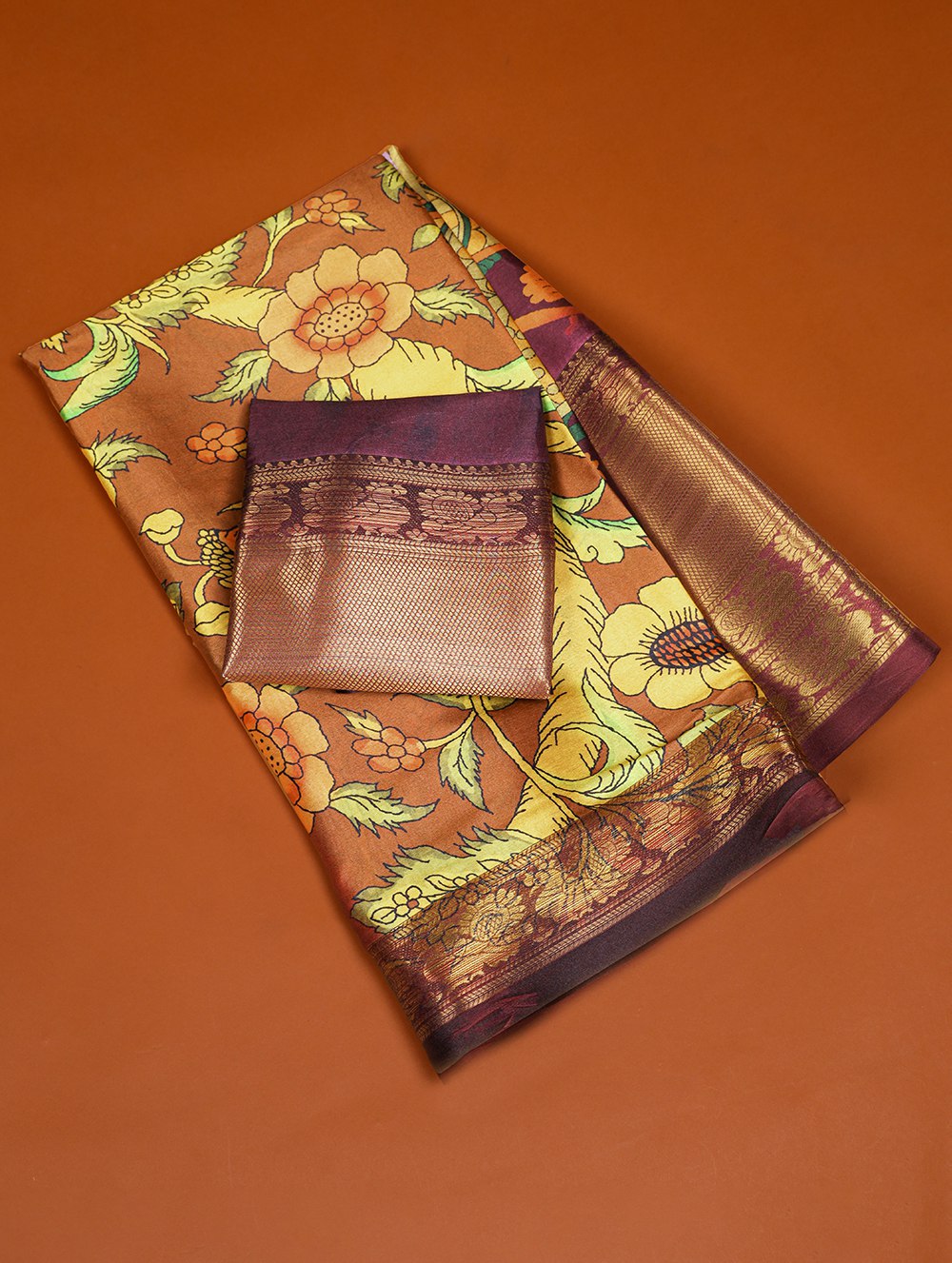 Brown Printed Dola Silk Saree Set for Weddings & Special Occasions