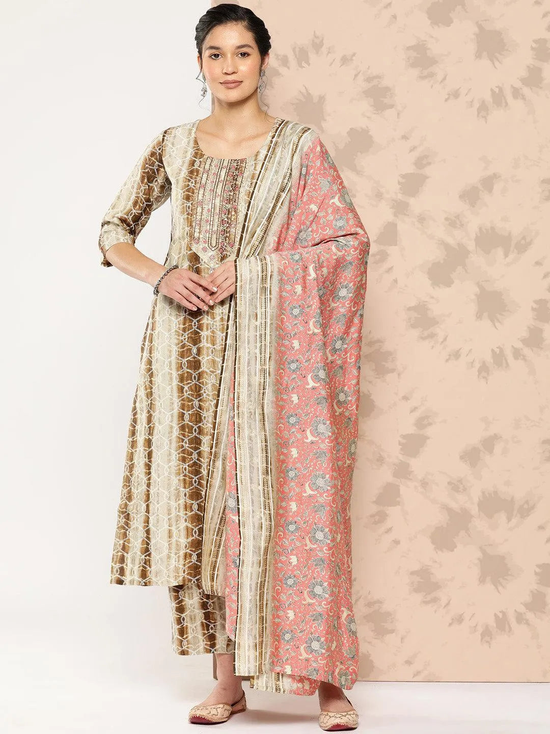 Mameraa Brown Printed Silk Blend Straight Kurta With Trousers and Dupatta