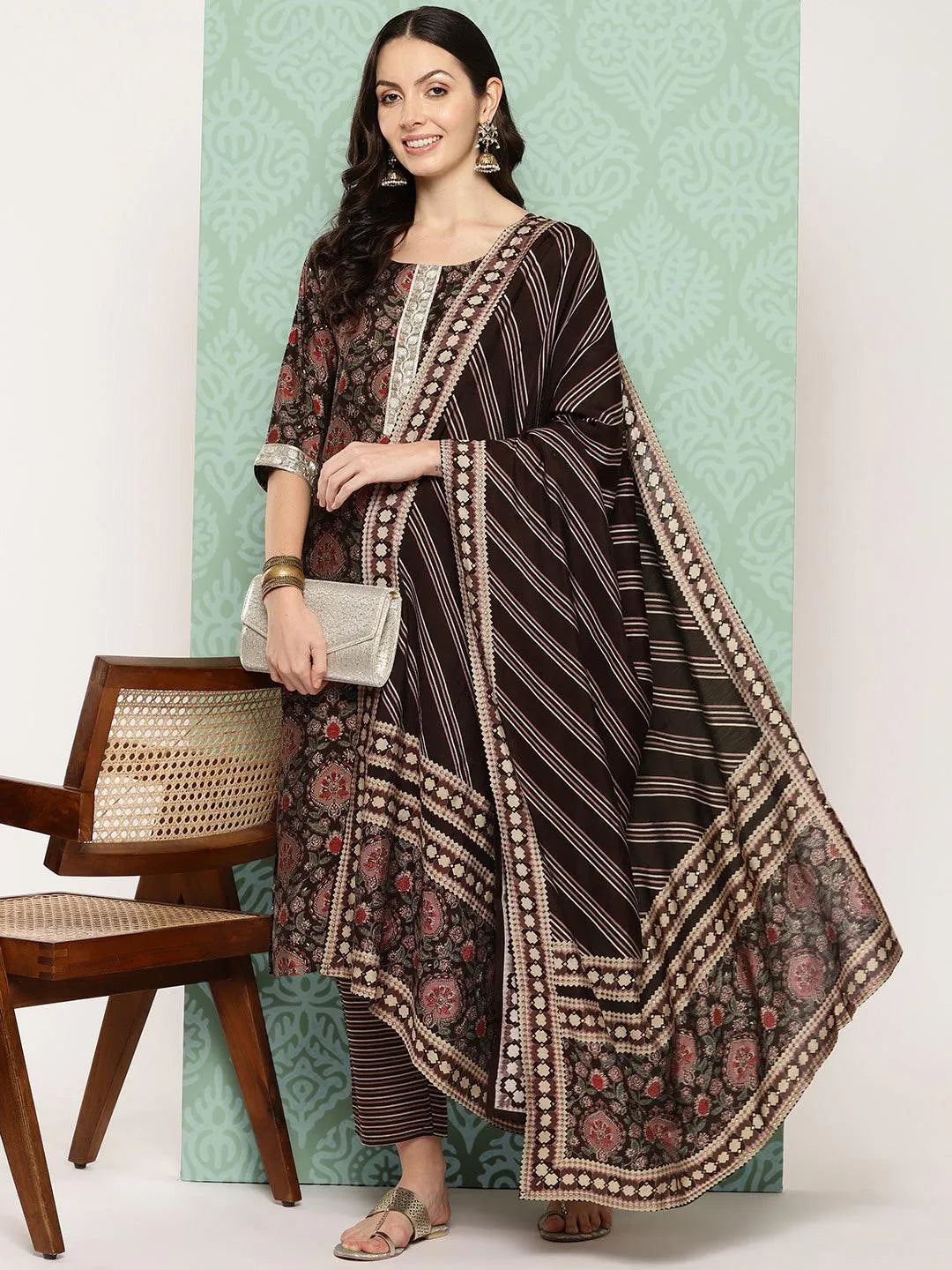 Libas Brown Printed Silk Blend Straight Suit With Dupatta