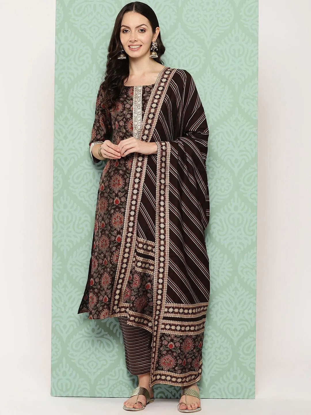 Libas Brown Printed Silk Blend Straight Suit With Dupatta
