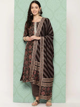 Libas Brown Printed Silk Blend Straight Suit With Dupatta