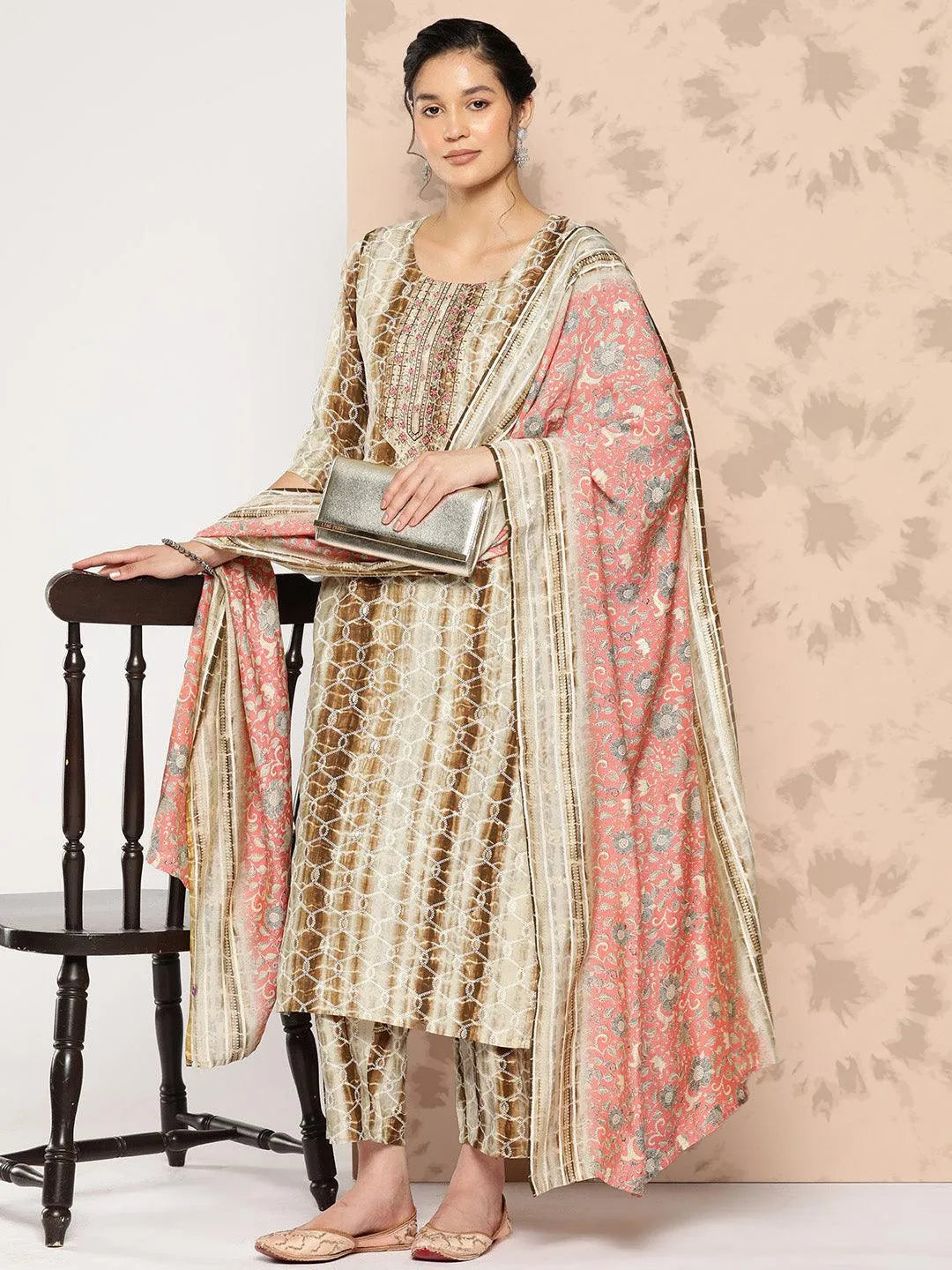 Mameraa Brown Printed Silk Blend Straight Kurta With Trousers and Dupatta