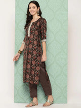 Libas Brown Printed Silk Blend Straight Suit With Dupatta