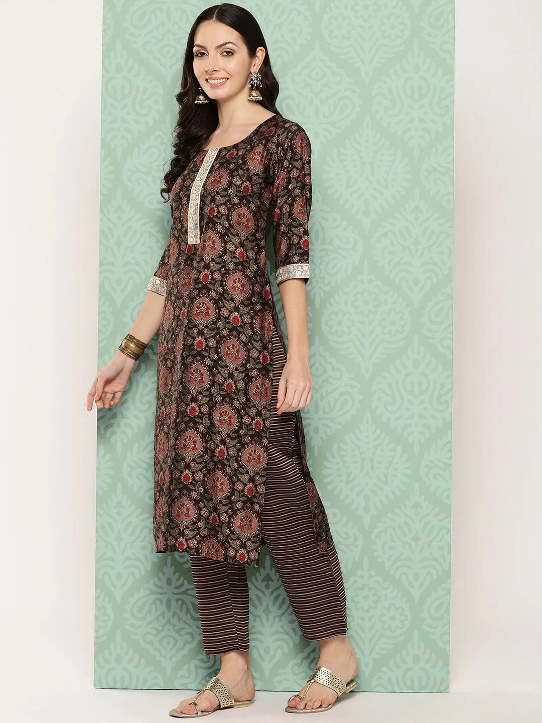 Libas Brown Printed Silk Blend Straight Suit With Dupatta