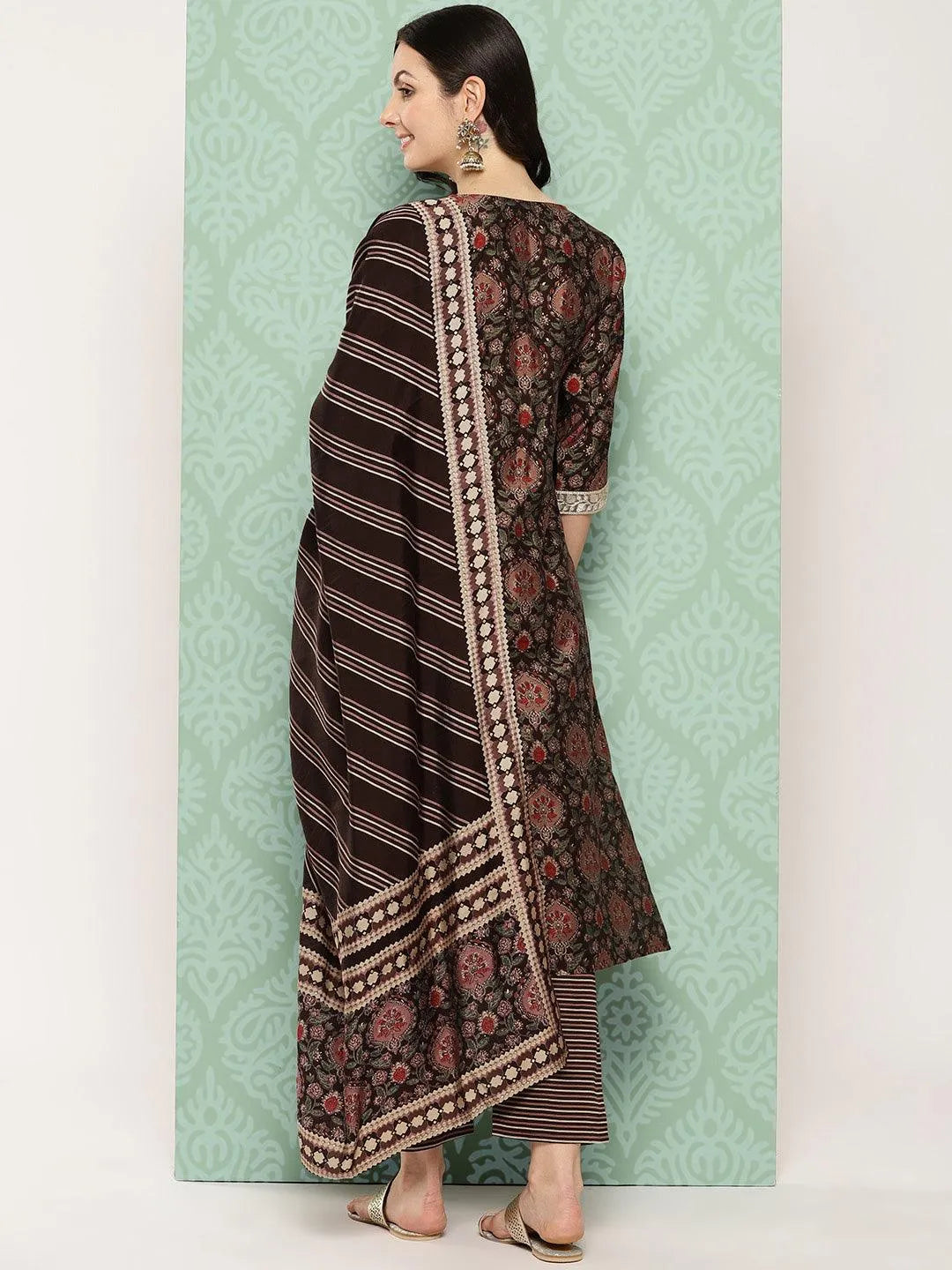 Libas Brown Printed Silk Blend Straight Suit With Dupatta
