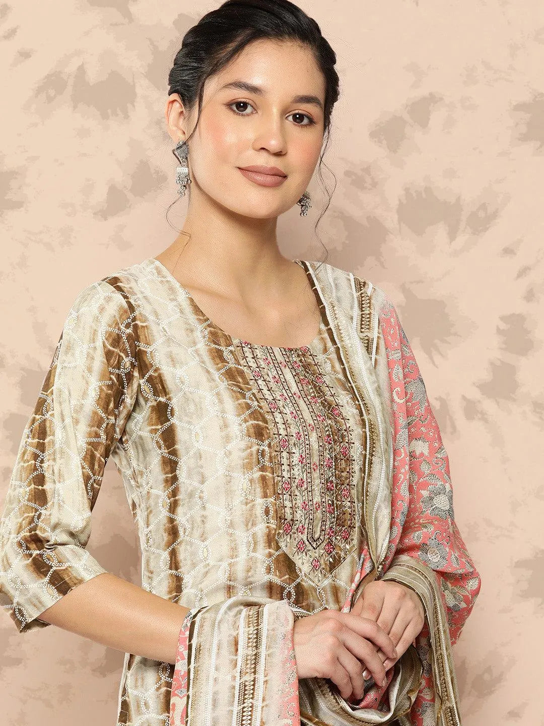 Mameraa Brown Printed Silk Blend Straight Kurta With Trousers and Dupatta