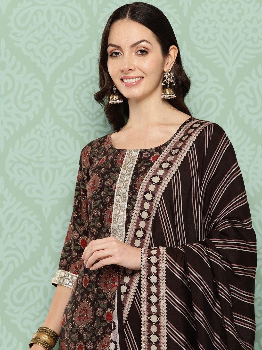 Libas Brown Printed Silk Blend Straight Suit With Dupatta