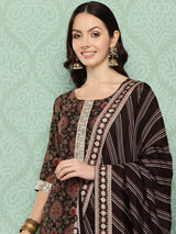 Libas Brown Printed Silk Blend Straight Suit With Dupatta