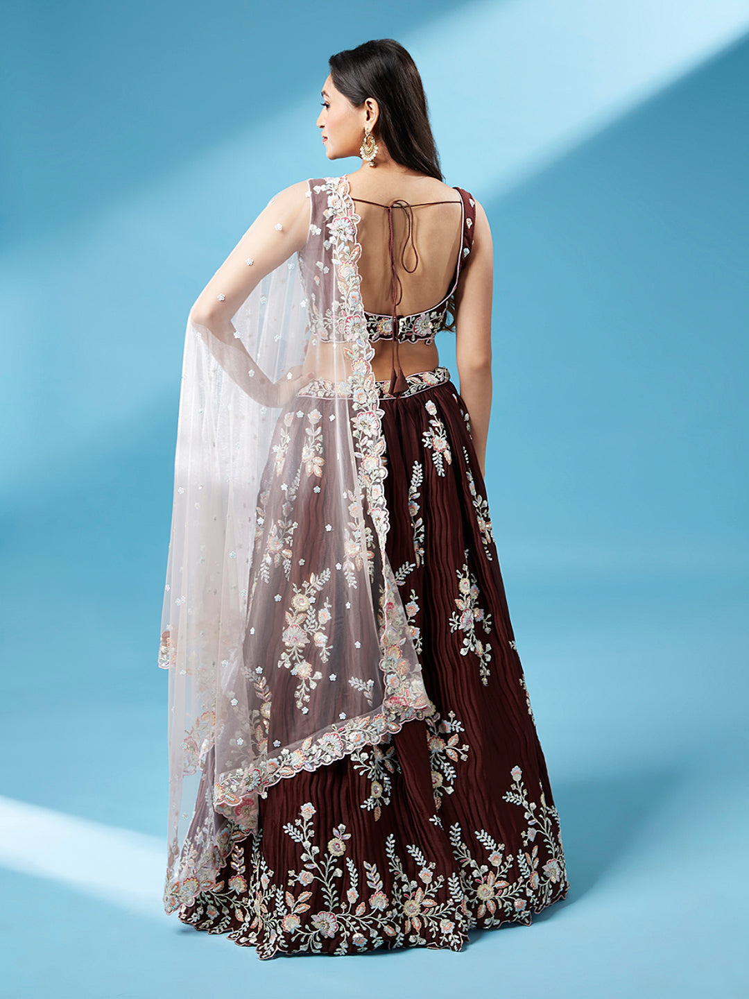 Brown - Pure Georgette Thread & Sequins Work Semi-Stitched Lehenga