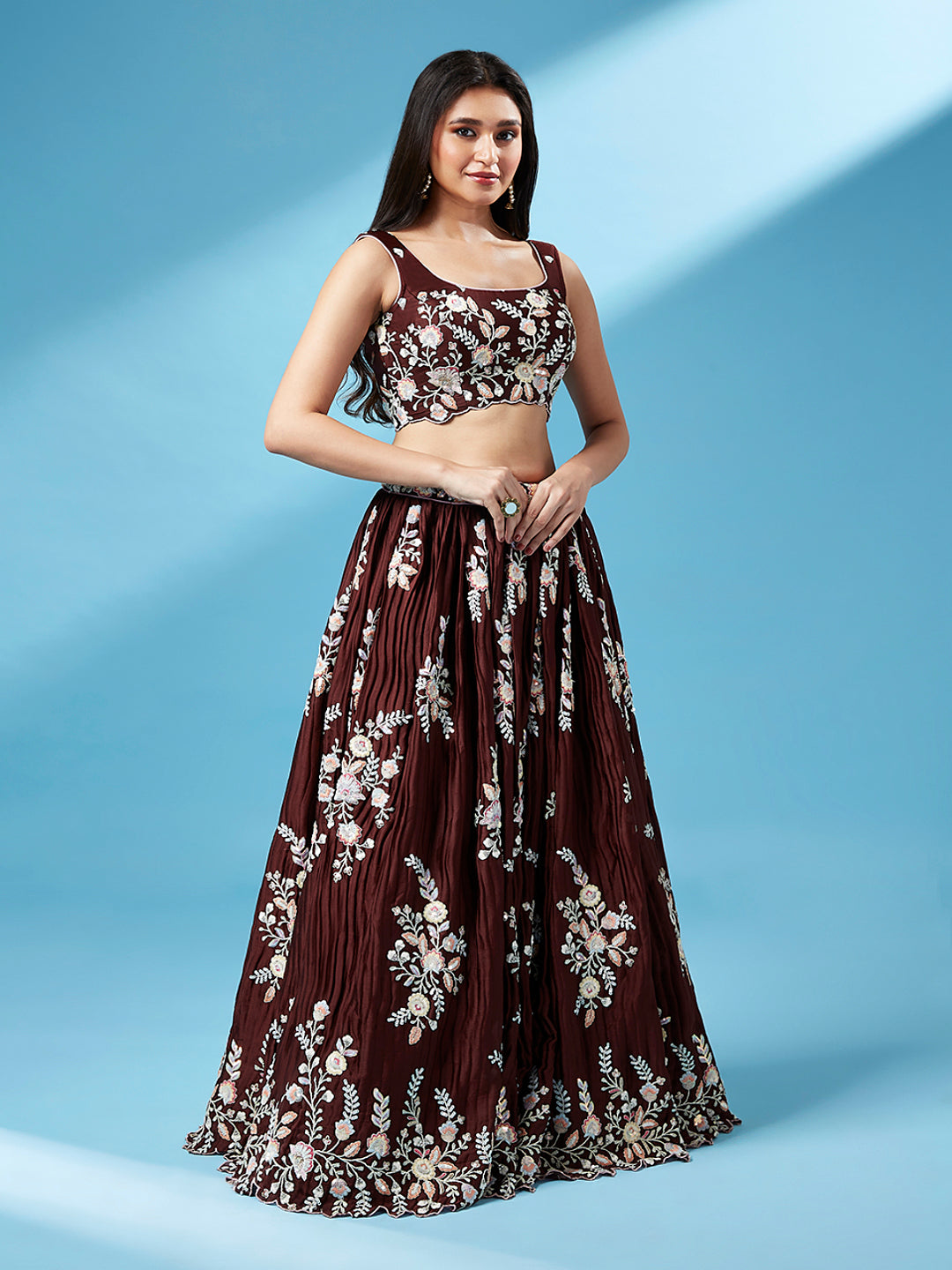 Brown - Pure Georgette Thread & Sequins Work Semi-Stitched Lehenga