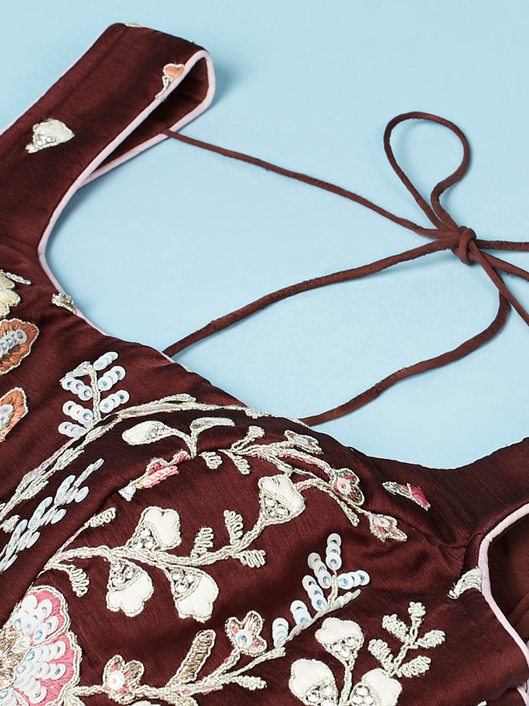 Brown - Pure Georgette Thread & Sequins Work Semi-Stitched Lehenga