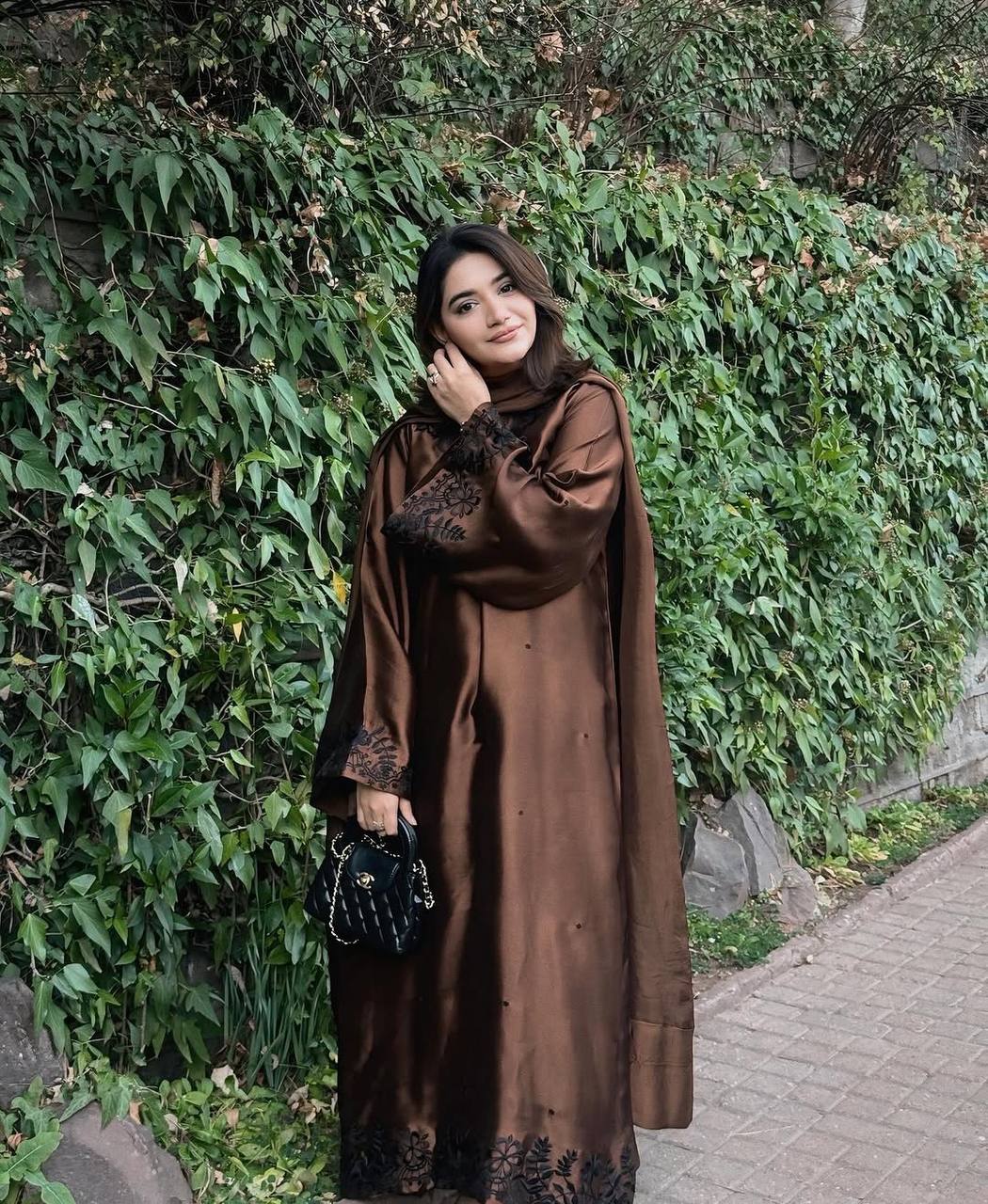 Brown Satin Kaftan Set With Palazzo