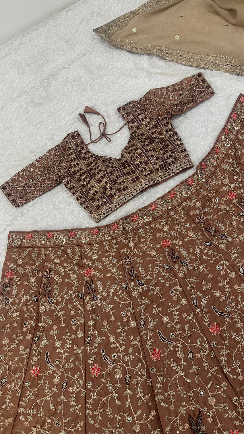 Brown Silk Dori & Thread Work Lehenga set