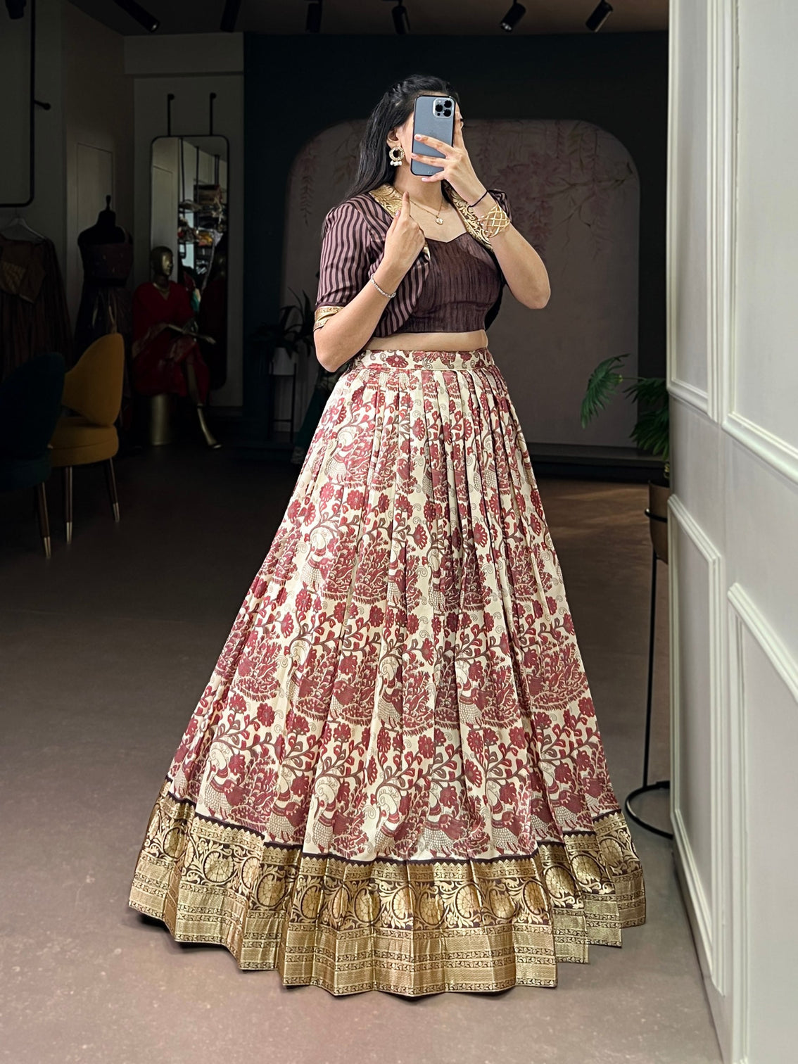 Brown Tasar Silk Printed Lehenga Choli Set