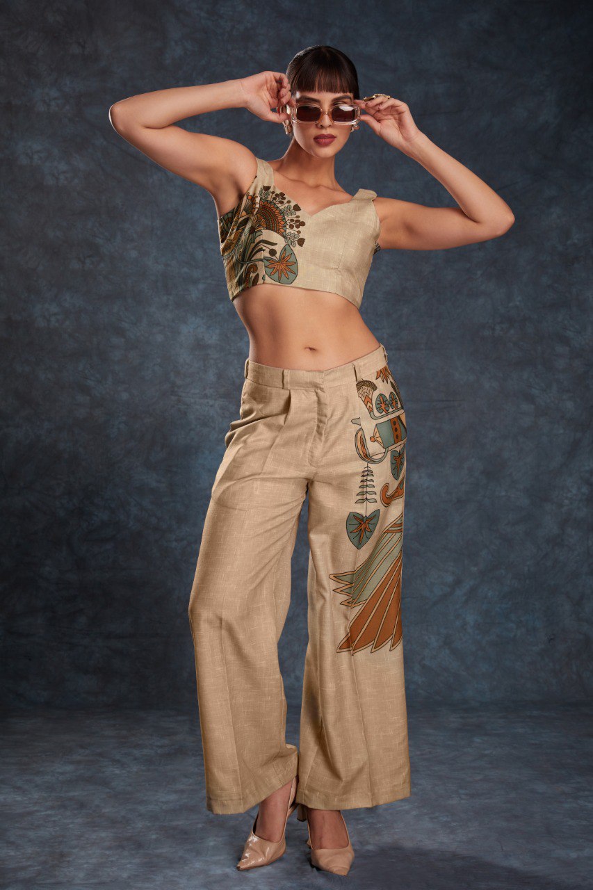 Brown Trendy Printed Linen Co-Ord Set Top & Pant