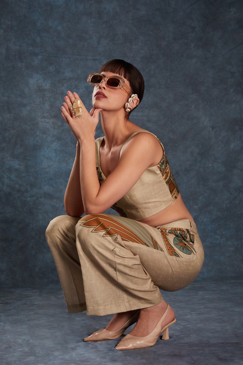Brown Trendy Printed Linen Co-Ord Set Top & Pant