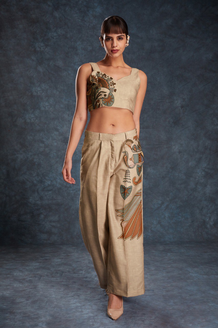 Brown Trendy Printed Linen Co-Ord Set Top & Pant