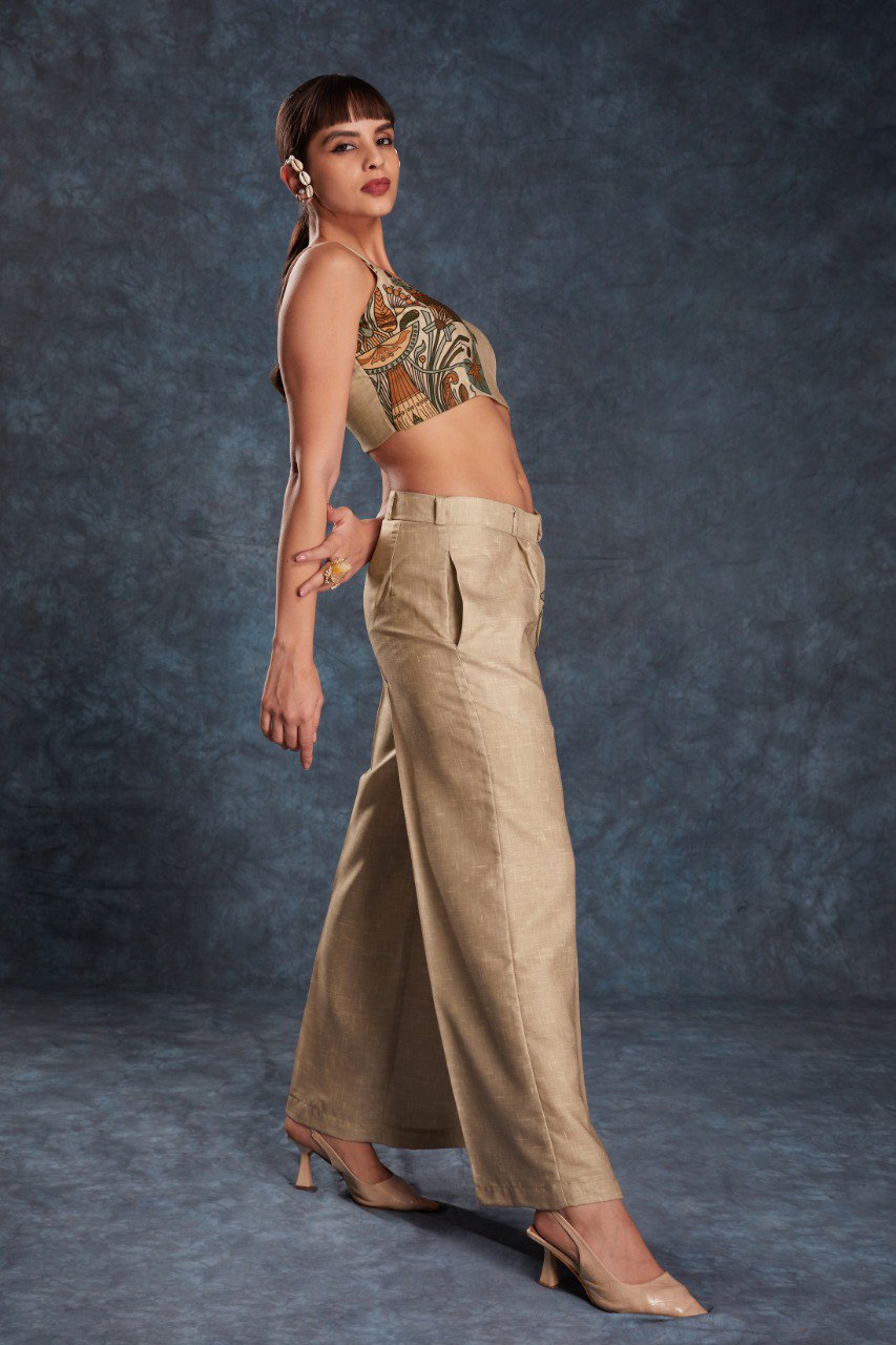 Brown Trendy Printed Linen Co-Ord Set Top & Pant