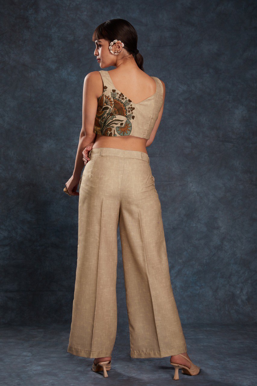 Brown Trendy Printed Linen Co-Ord Set Top & Pant