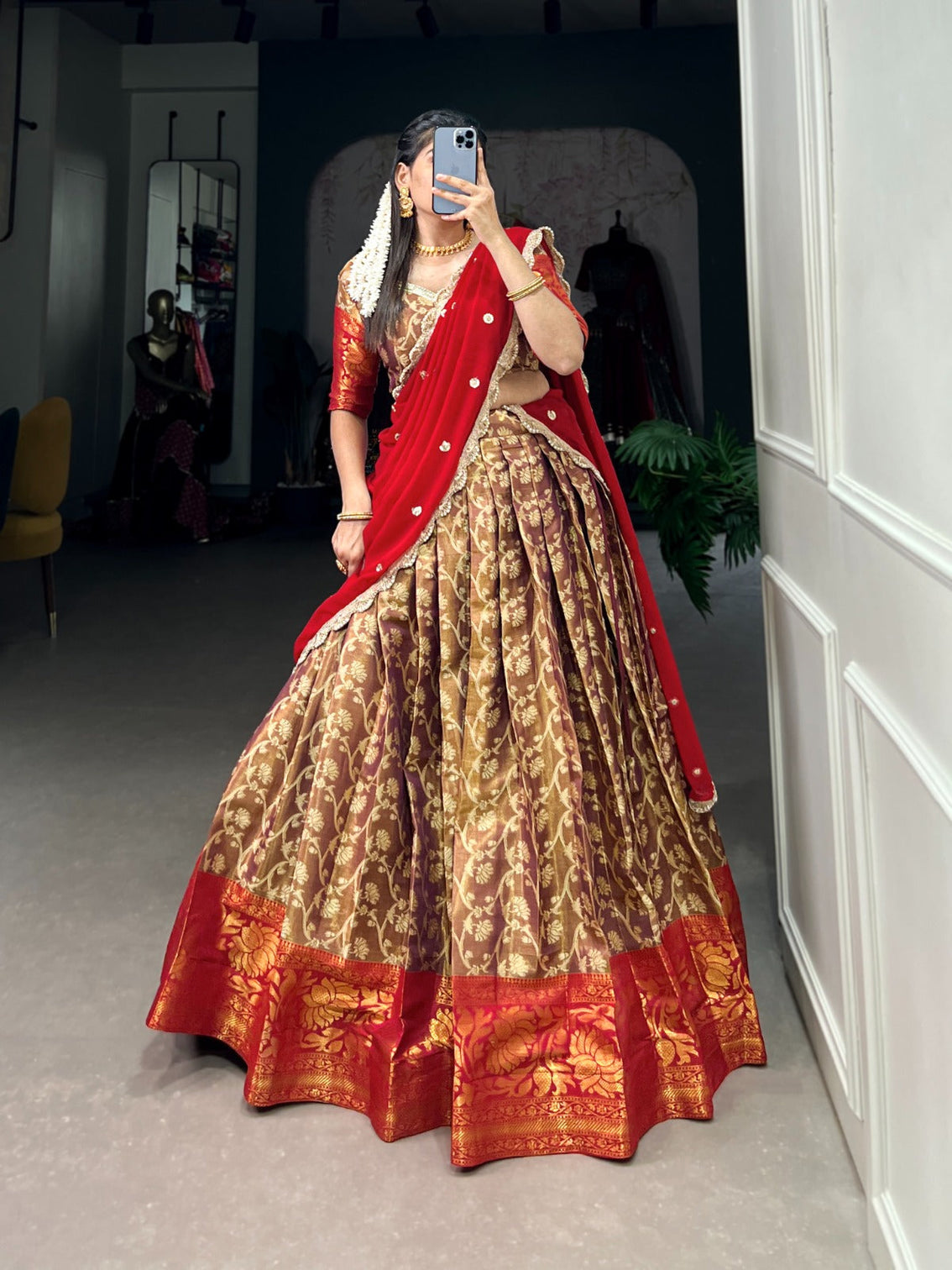 Brown Zari Embroidered Jacquard Silk Lehenga with Georgette Dupatta