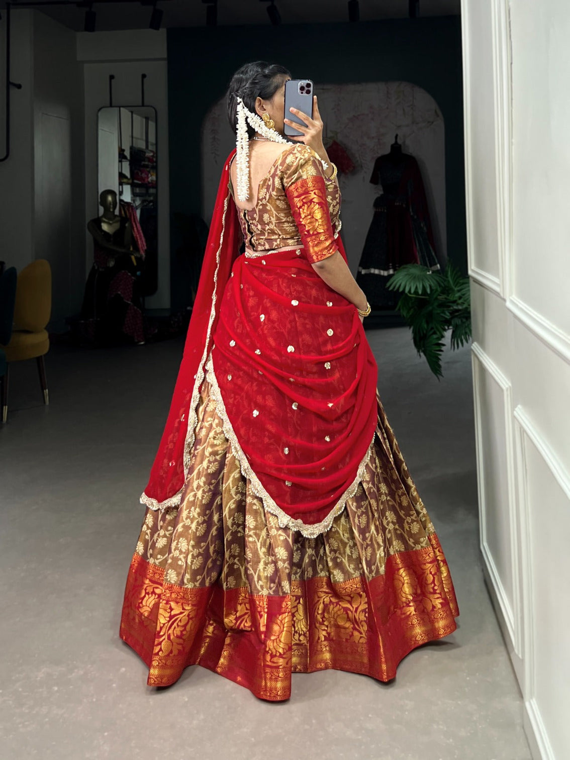 Brown Zari Embroidered Jacquard Silk Lehenga with Georgette Dupatta