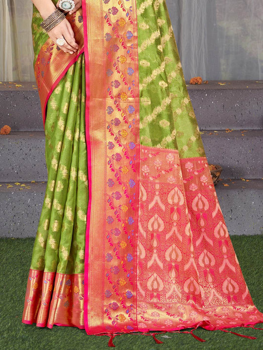 Olive Green Silk Saree With Blouse Piece