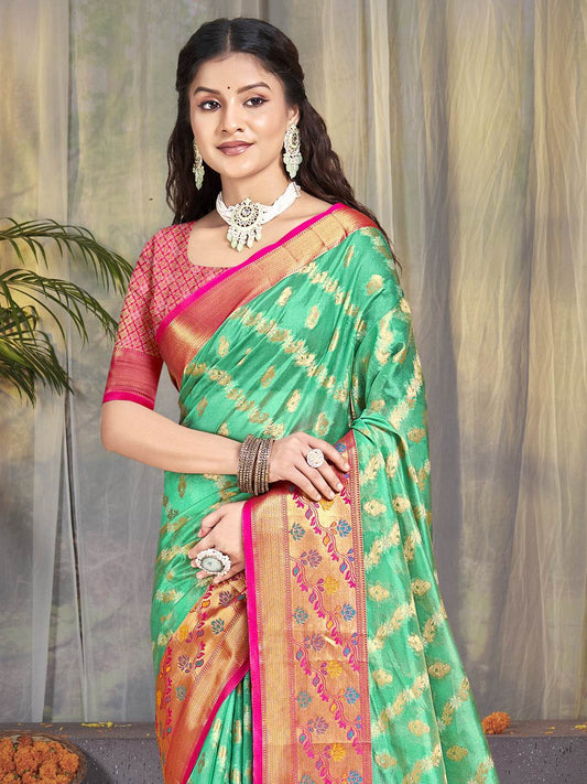 Teal Silk Saree With Blouse Piece