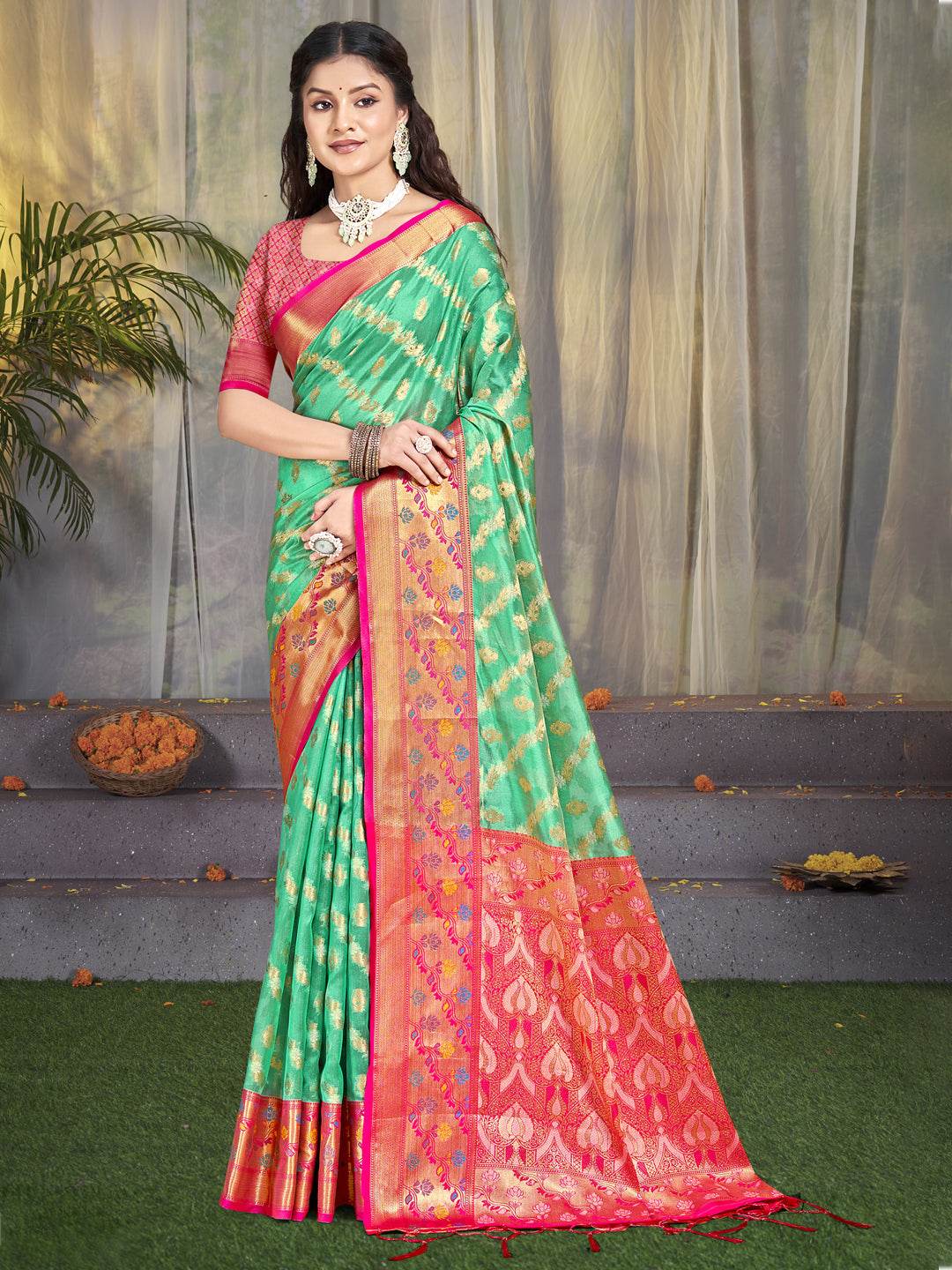 Teal Silk Saree With Blouse Piece