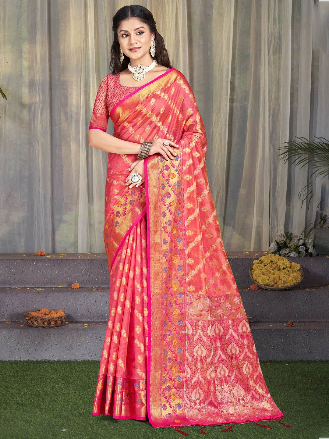 Pink Silk Saree With Blouse Piece
