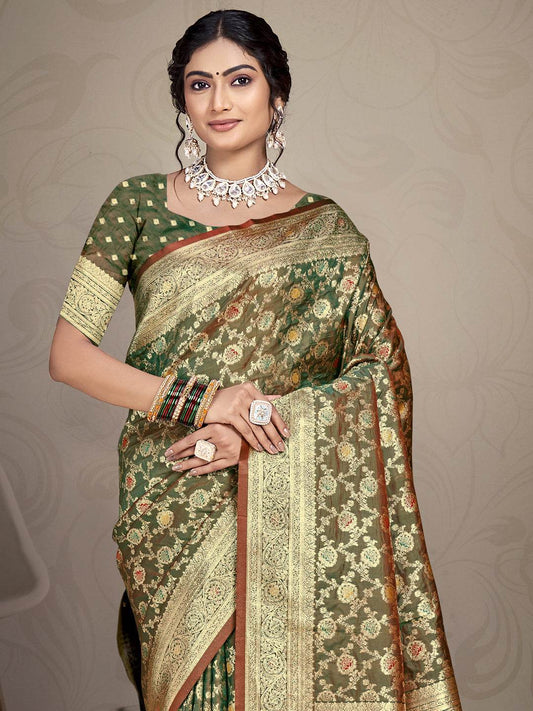 Olive Green Silk Saree With Blouse Piece