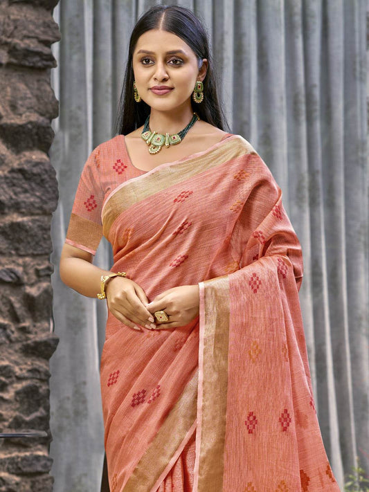 Peach Linen Saree With Blouse Piece
