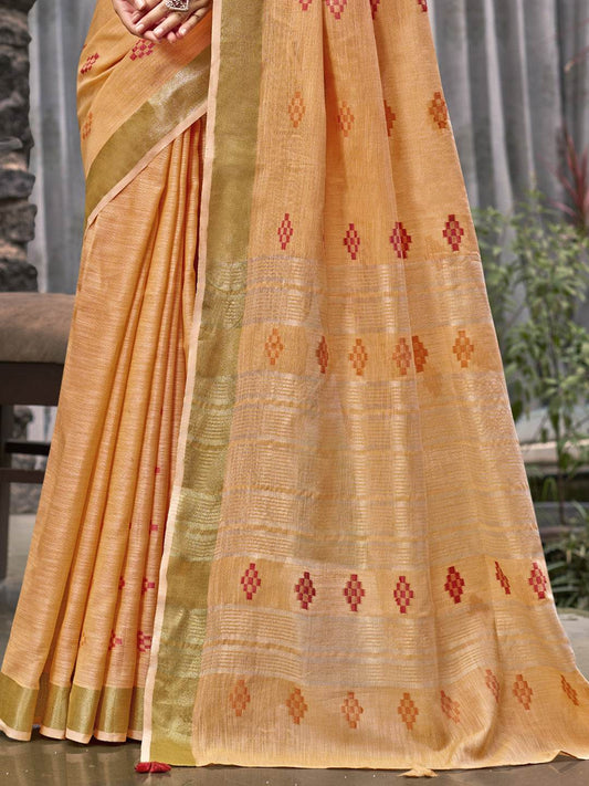 Orange Linen Saree With Blouse Piece