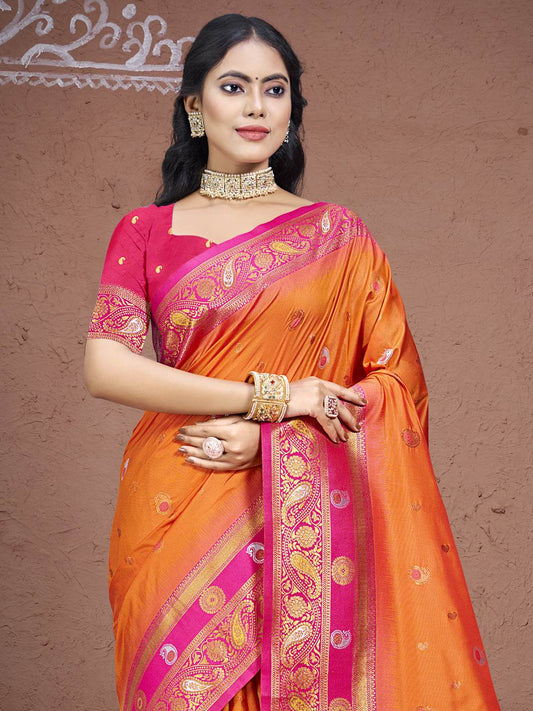 Orange Silk Saree With Blouse Piece