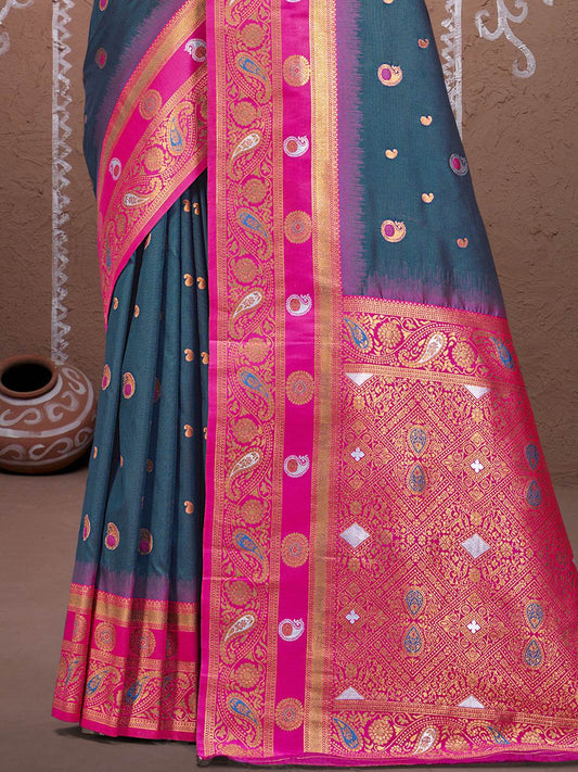 Teal Silk Saree With Blouse Piece